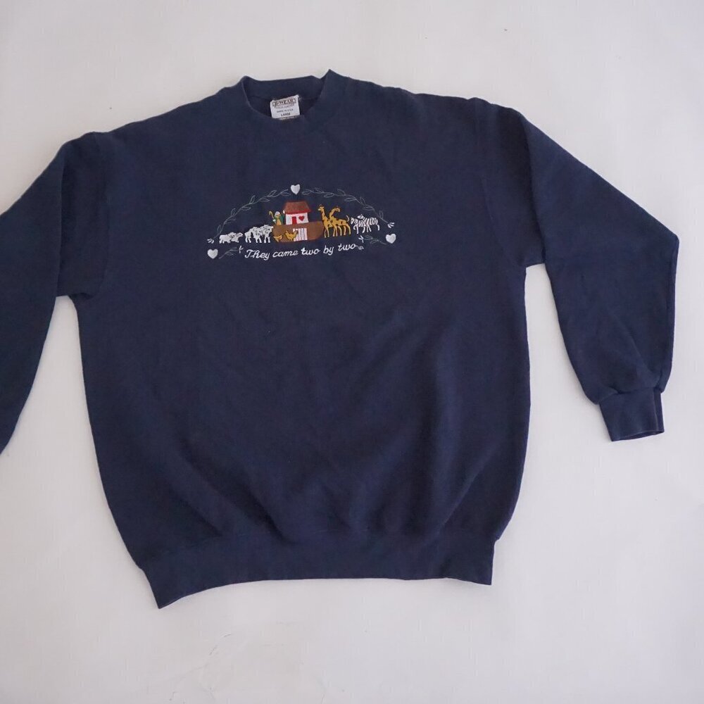 Vintage B Wear Navy Noahs Ark Animal Embroidered Graphic Cabincore Sweatshirt L